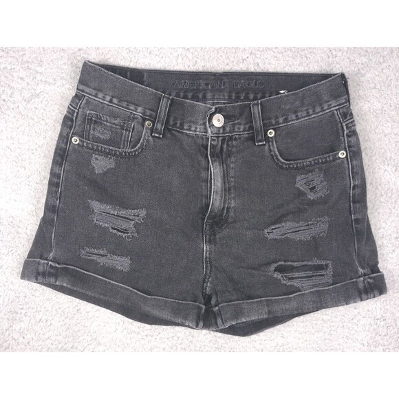 American Eagle Jean Shorts Womens Size 4 Black Mom Shorrt Distressed Cuffed 2.5" - Picture 1 of 8